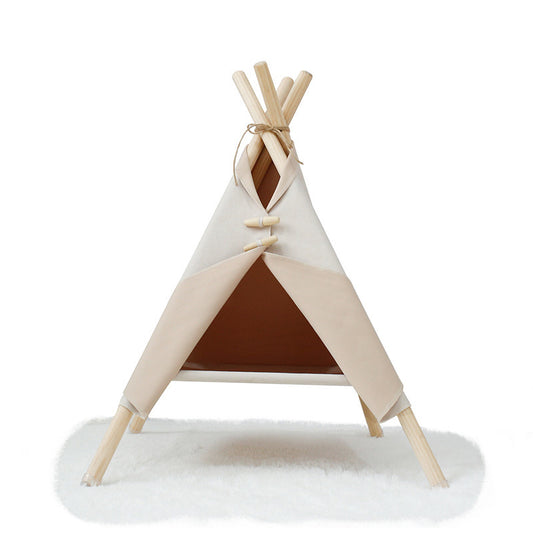 Carpa tipi para mascotas tela canvas beige y madera natural