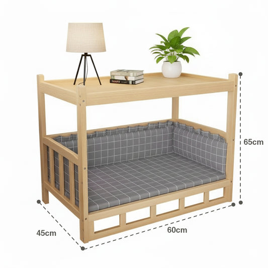 Detalle de madera sólida y cojín lavable de la cama para mascotas integrada al mueble