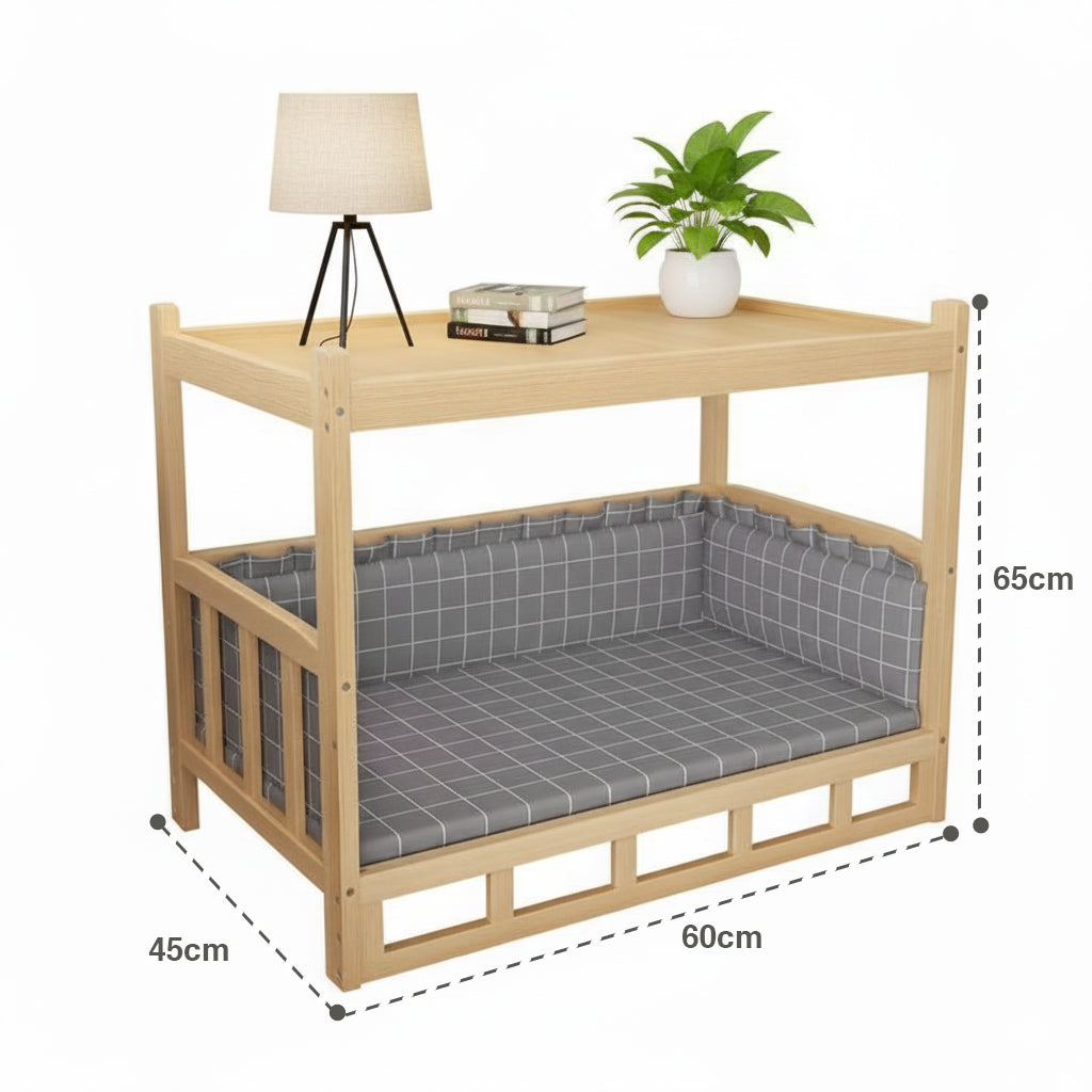 Detalle de madera sólida y cojín lavable de la cama para mascotas integrada al mueble