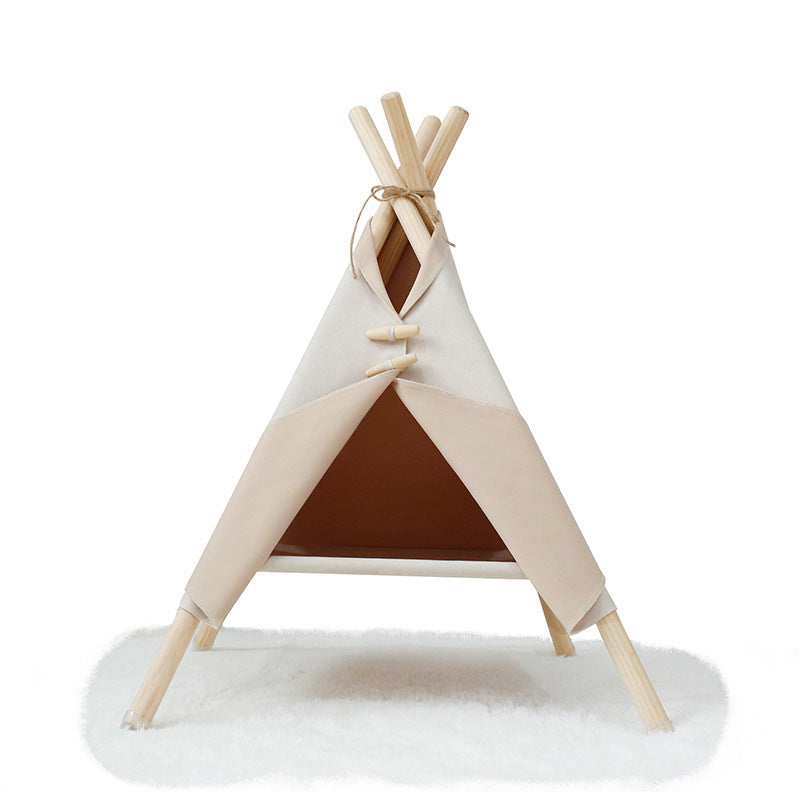 Carpa tipi para mascotas tela canvas beige y madera natural