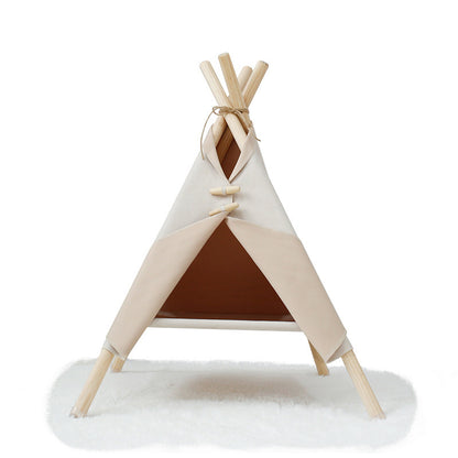 Carpa tipi para mascotas tela canvas beige y madera natural