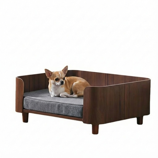 Sofá cama para mascotas de madera curva plywood estilo mid-century moderno con cojín gris.