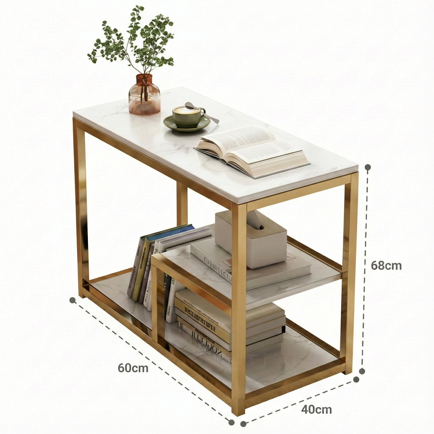 Mesa Lateral 3 Niveles | Mármol & Dorado (Estilo Lujo)