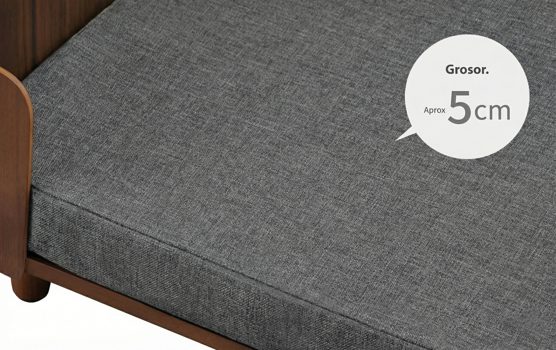 Detalle cojín gris de 5cm de espesor para cama de madera