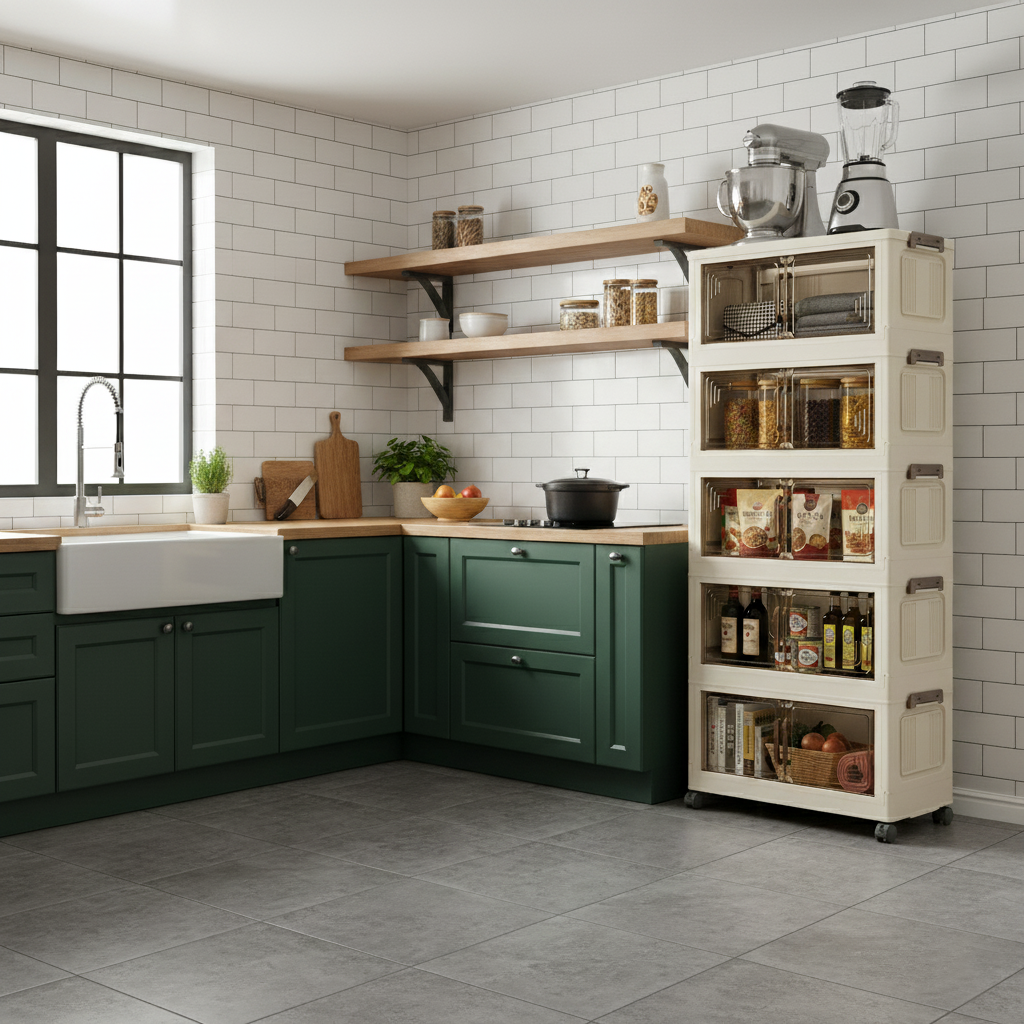 Torre de cajas organizadoras apilables color crema con puertas frontales transparentes y ruedas para guardar juguetes o ropa o comida despensa