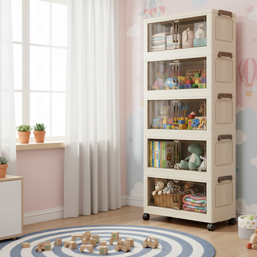 Organización de living con cajas apilables de diseño estético color crema guardando juguetes.