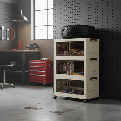 Torre de cajas organizadoras apilables color crema con puertas frontales transparentes y ruedas para guardar juguetes o ropa o herramientas 