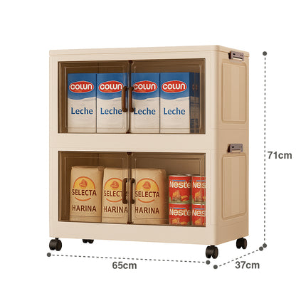 Caja plástica organizadora modular con apertura frontal tipo vitrina y cierre magnético.