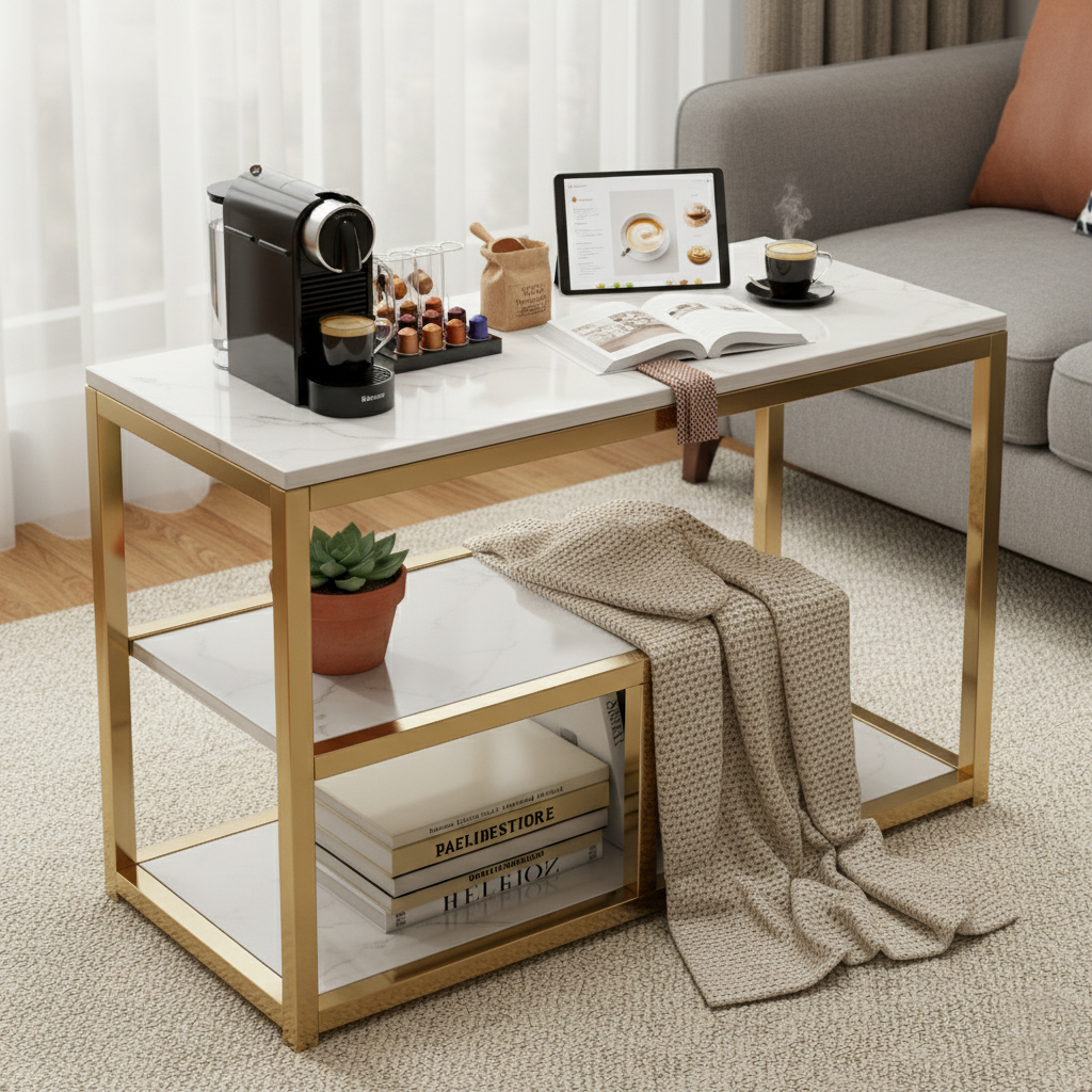 Mesa lateral dorada mármol para tocadiscos y sofá en living moderno.