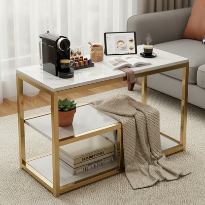 Mesa lateral dorada mármol para tocadiscos y sofá en living moderno.