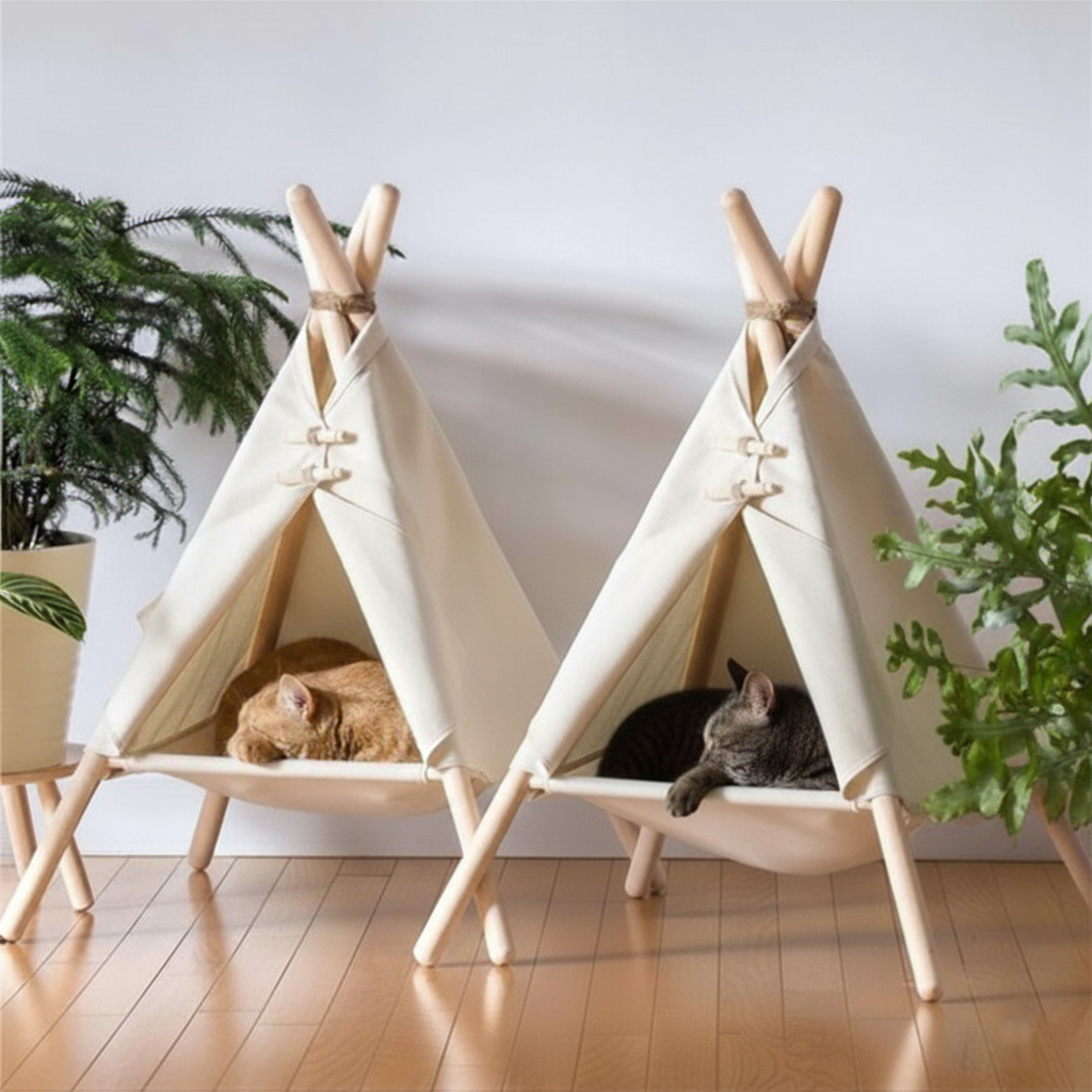 Gato durmiendo en cama tipi hamaca de madera estilo nórdico.