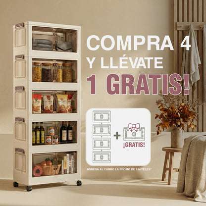 Torre de cajas organizadoras apilables color crema con puertas frontales transparentes y ruedas para guardar juguetes o ropa.