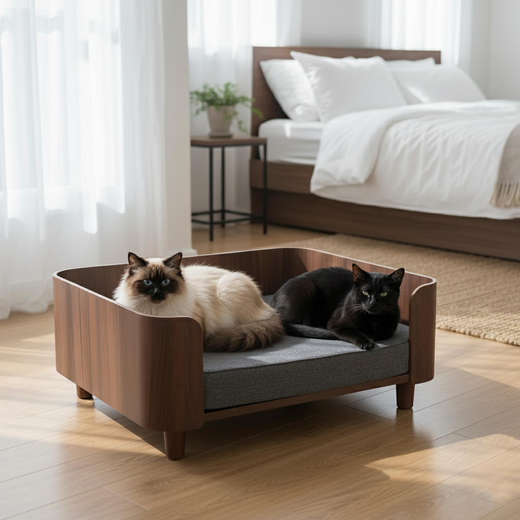 Dos gatos descansando cómodamente en cama de madera de diseño elegante en dormitorio.