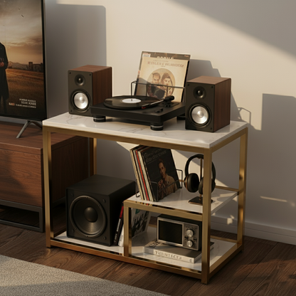 Mesa Lateral 3 Niveles | Mármol & Dorado (Estilo Lujo)