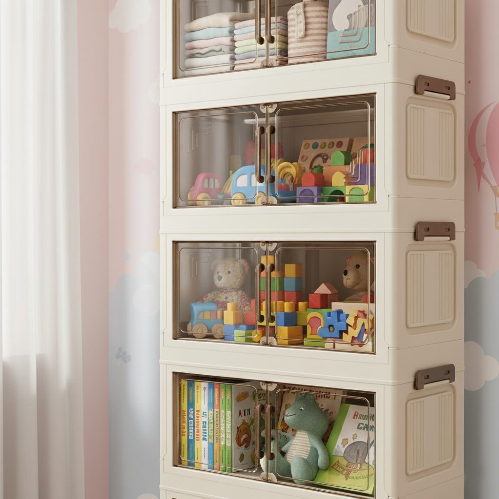 Caja plástica organizadora modular con apertura frontal tipo vitrina y cierre magnético.