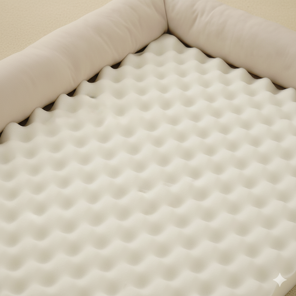 Detalle espuma ortopédica perfilada tipo egg-crate para alivio de articulaciones en camas de perro