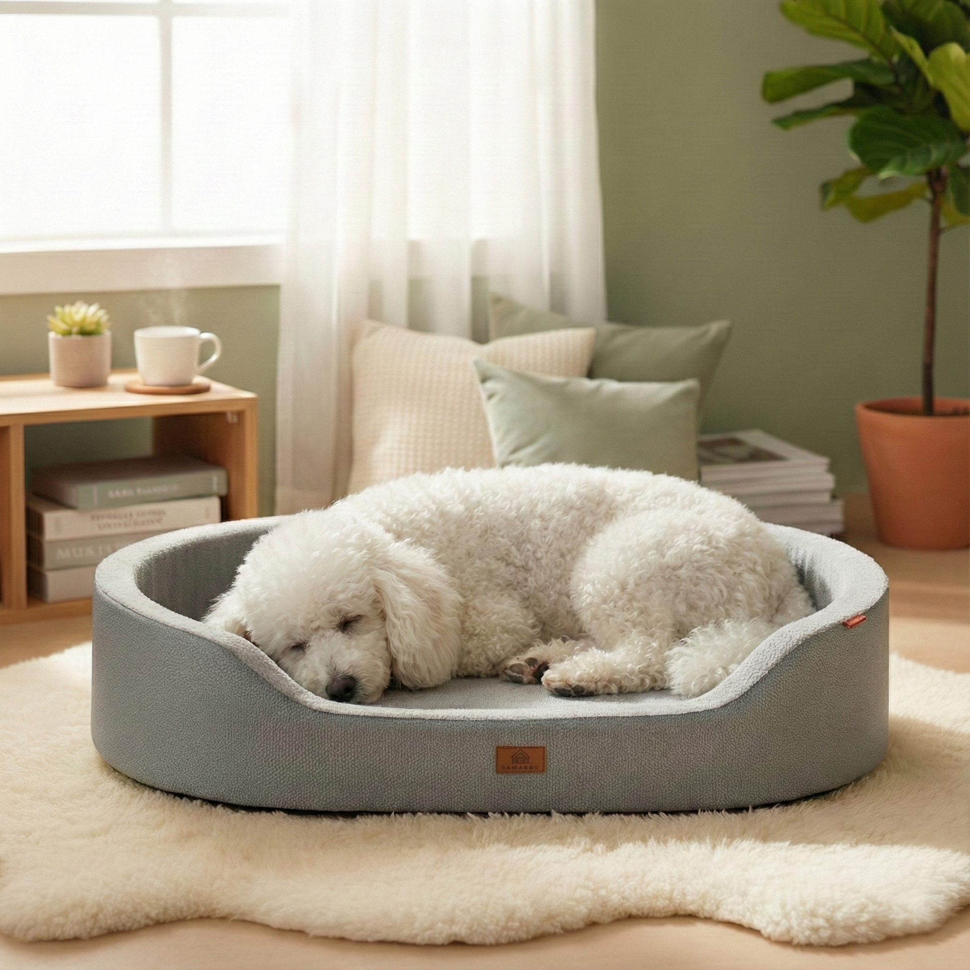 Perro puddle blanco descansa en cama de espuma redonda ovalada 
