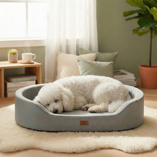 Perro puddle blanco descansa en cama de espuma redonda ovalada 